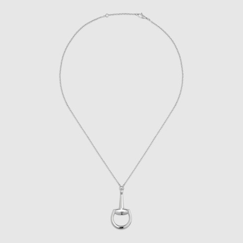 GUCCI 18k White Gold Horsebit Pavé Diamond Pendant Necklace