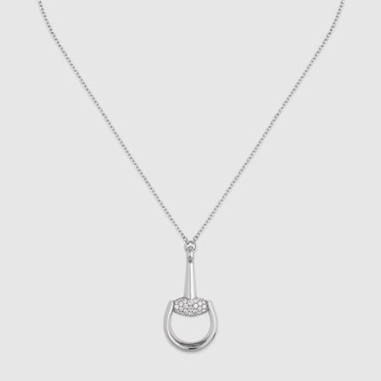GUCCI 18k White Gold Horsebit Pavé Diamond Pendant Necklace