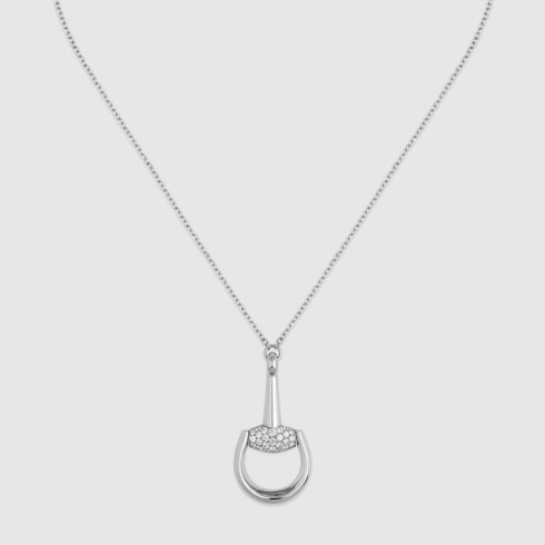 GUCCI 18k White Gold Horsebit Pavé Diamond Pendant Necklace