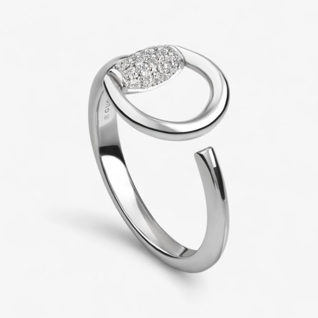 GUCCI 18k White Gold Horsebit Pavé Diamond Wrap Ring