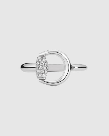GUCCI 18k White Gold Horsebit Pavé Diamond Wrap Ring