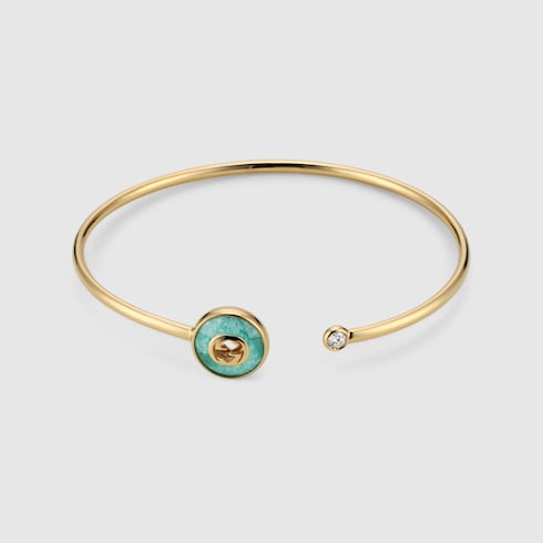 GUCCI 18k Yellow Gold Interlocking G Amazonite & Diamond Bangle