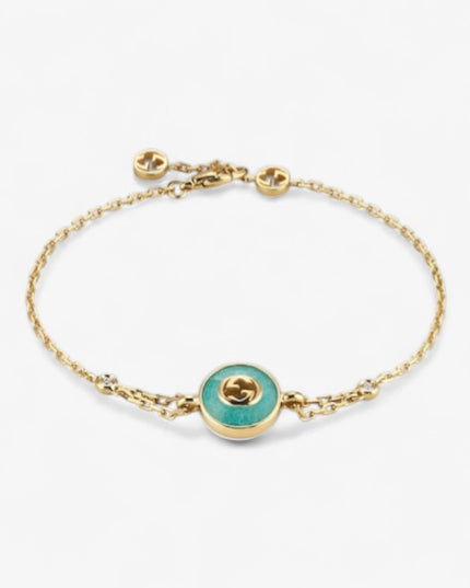 GUCCI 18k Yellow Gold Interlocking G Amazonite & Diamond Bracelet