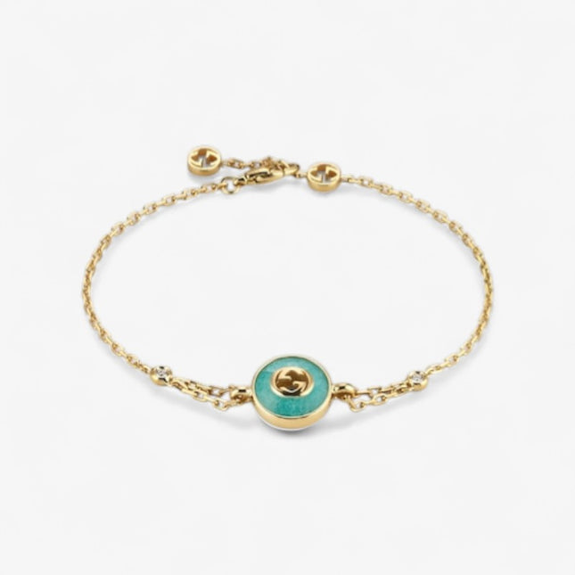 GUCCI 18k Yellow Gold Interlocking G Amazonite & Diamond Bracelet