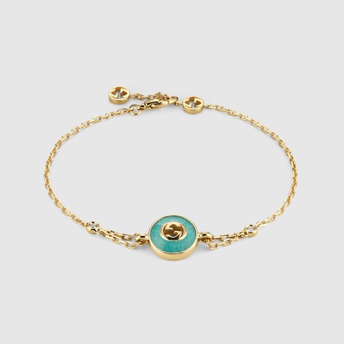 GUCCI 18k Yellow Gold Interlocking G Amazonite & Diamond Bracelet