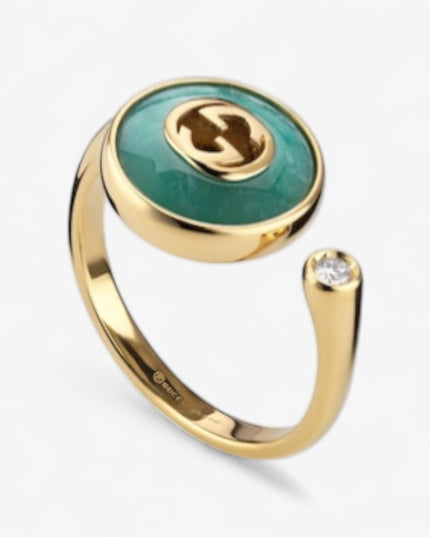 GUCCI 18k Yellow Gold Interlocking G Amazonite & Diamond Ring