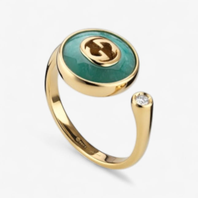 GUCCI 18k Yellow Gold Interlocking G Amazonite & Diamond Ring