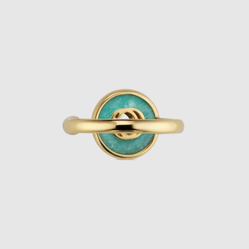 GUCCI 18k Yellow Gold Interlocking G Amazonite & Diamond Ring