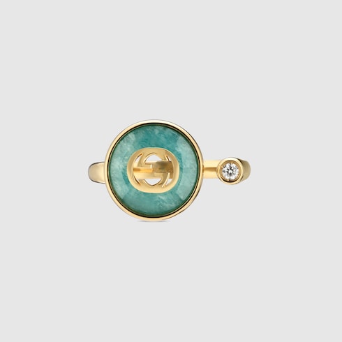 GUCCI 18k Yellow Gold Interlocking G Amazonite & Diamond Ring