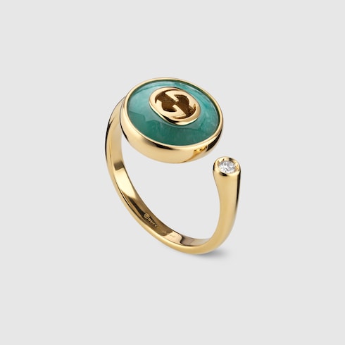 GUCCI 18k Yellow Gold Interlocking G Amazonite & Diamond Ring