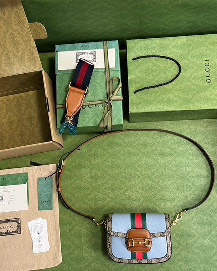 Gucci Horsebit 1955 Mini Shoulder Bag – Sky Blue Web Stripe Edition