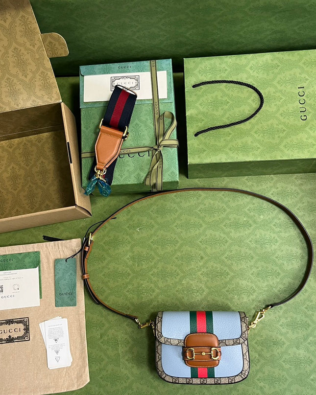 Gucci Horsebit 1955 Mini Shoulder Bag – Sky Blue Web Stripe Edition