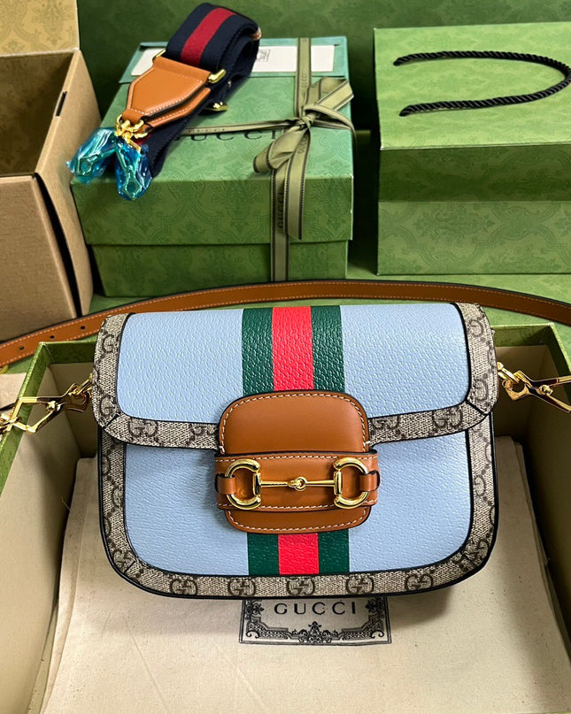 Gucci Horsebit 1955 Mini Shoulder Bag – Sky Blue Web Stripe Edition