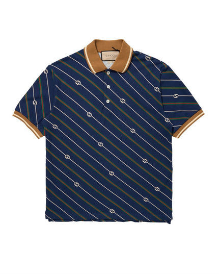 Gucci-inspired Navy Diagonal Stripe Polo – Monogram Edition