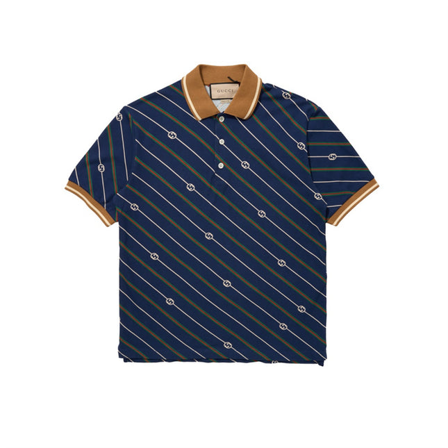 Gucci-inspired Navy Diagonal Stripe Polo – Monogram Edition