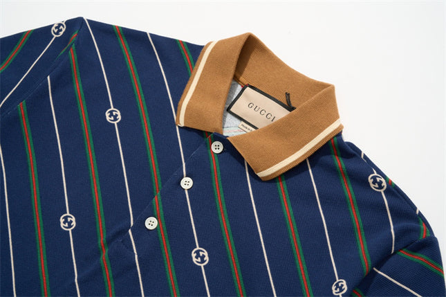 Gucci-inspired Navy Diagonal Stripe Polo – Monogram Edition