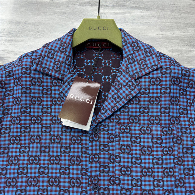 Gucci 2025SS Blue Grid GG Pattern Shirt – Top Version