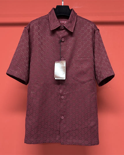 Gucci 2025SS Burgundy GG Jacquard Short Sleeve Shirt – Top Version