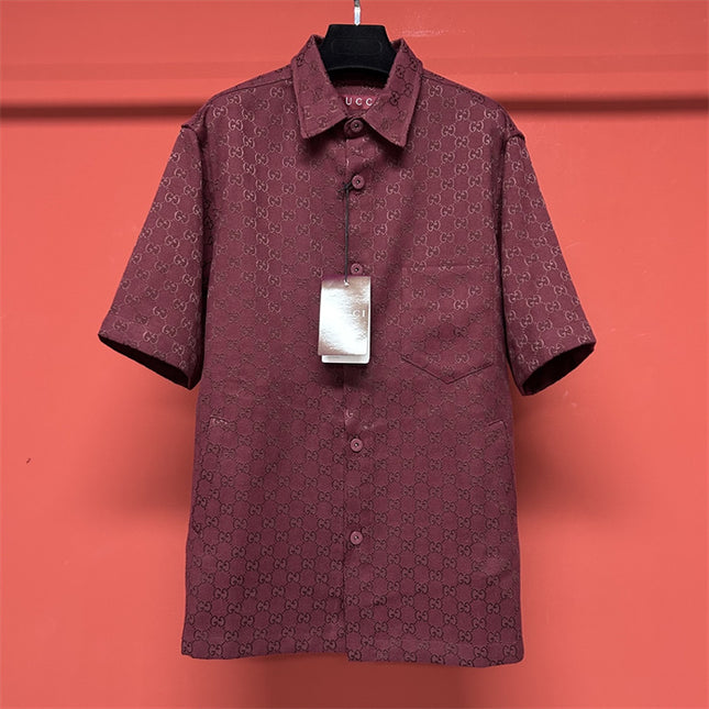Gucci 2025SS Burgundy GG Jacquard Short Sleeve Shirt – Top Version