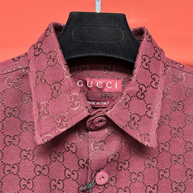 Gucci 2025SS Burgundy GG Jacquard Short Sleeve Shirt – Top Version