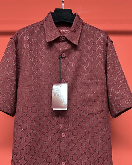 Gucci 2025SS Burgundy GG Jacquard Short Sleeve Shirt – Top Version
