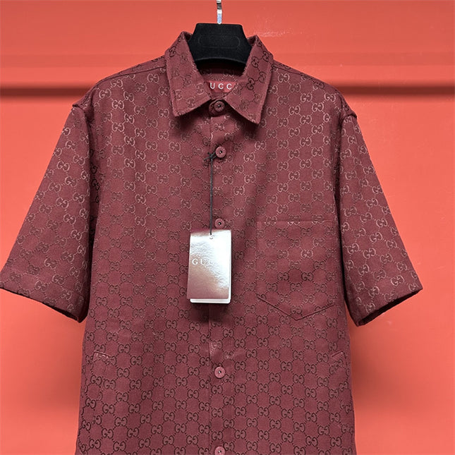 Gucci 2025SS Burgundy GG Jacquard Short Sleeve Shirt – Top Version