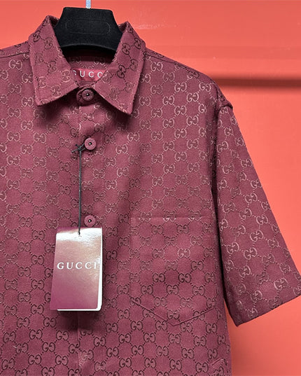 Gucci 2025SS Burgundy GG Jacquard Short Sleeve Shirt – Top Version