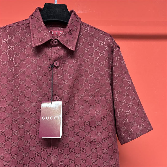 Gucci 2025SS Burgundy GG Jacquard Short Sleeve Shirt – Top Version