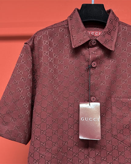 Gucci 2025SS Burgundy GG Jacquard Short Sleeve Shirt – Top Version