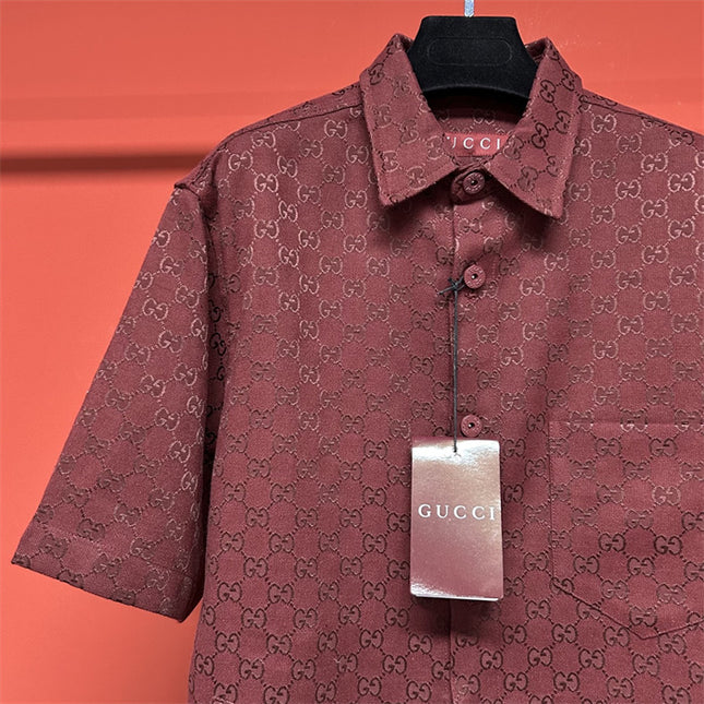 Gucci 2025SS Burgundy GG Jacquard Short Sleeve Shirt – Top Version