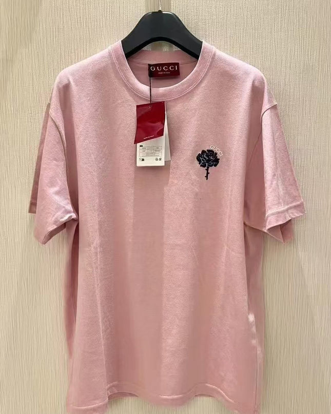 Gucci 2025SS Pink Rose Crest Embroidered T-Shirt – Top Version