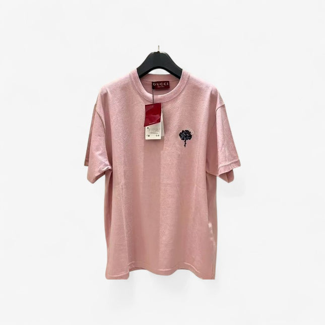 Gucci 2025SS Pink Rose Crest Embroidered T-Shirt – Top Version