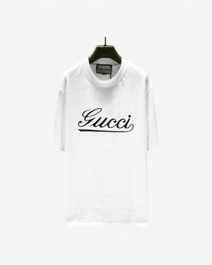 Gucci 2025 Ss Vintage Script Logo Metallic T‑shirt – White