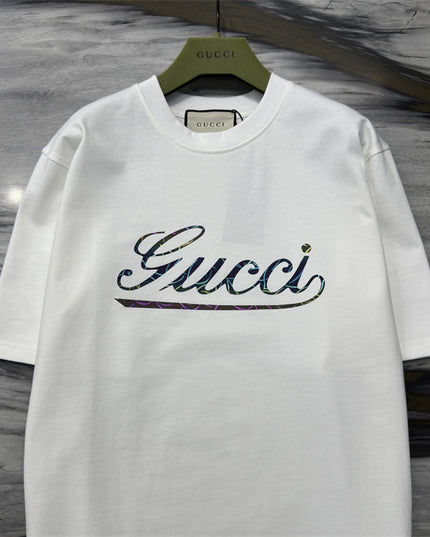 Gucci 2025 Ss Vintage Script Logo Metallic T‑shirt – White