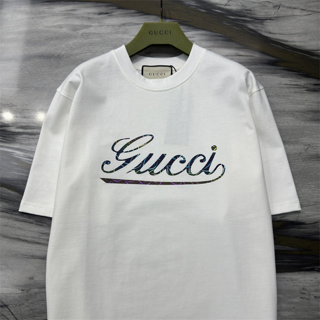 Gucci 2025 Ss Vintage Script Logo Metallic T‑shirt – White