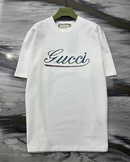 Gucci 2025 Ss Vintage Script Logo Metallic T‑shirt – White