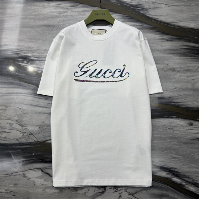 Gucci 2025 Ss Vintage Script Logo Metallic T‑shirt – White