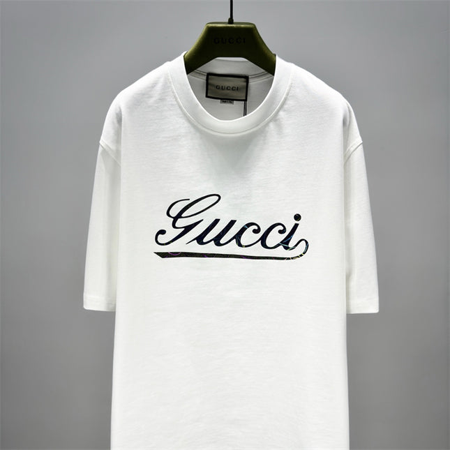 Gucci 2025 Ss Vintage Script Logo Metallic T‑shirt – White