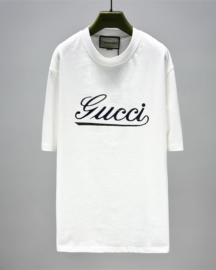Gucci 2025 Ss Vintage Script Logo Metallic T‑shirt – White