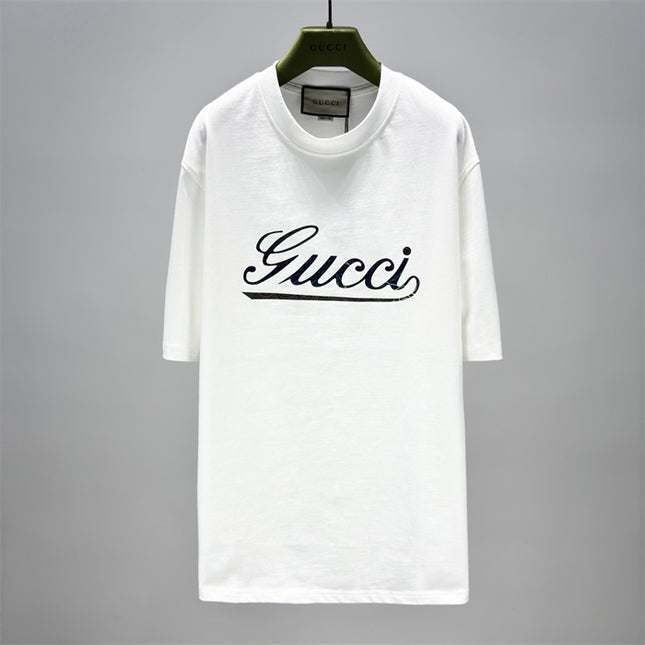 Gucci 2025 Ss Vintage Script Logo Metallic T‑shirt – White