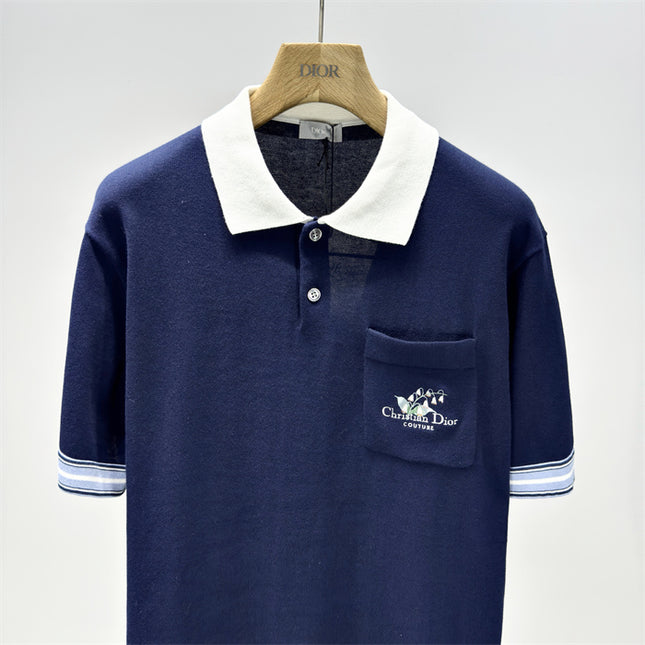 Gucci 2025ss Navy Polo Shirt with White Collar – Top Version