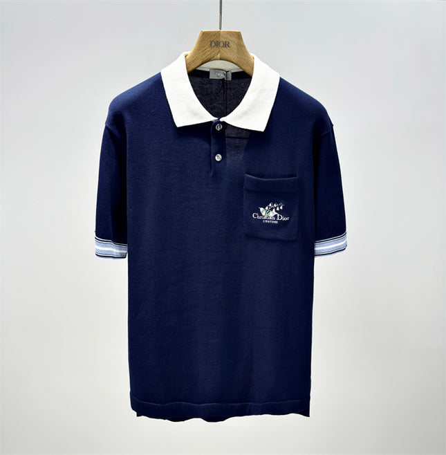 Gucci 2025ss Navy Polo Shirt with White Collar – Top Version