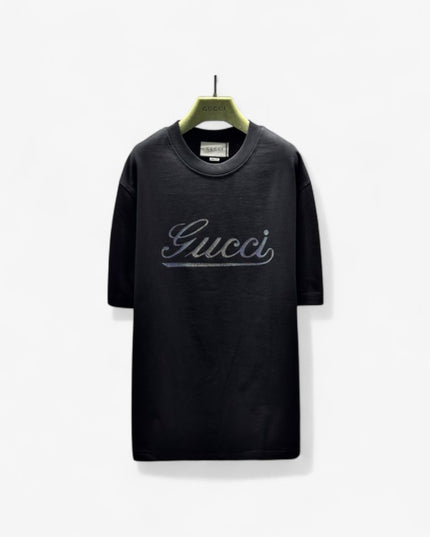 Gucci 2025ss Vintage Script Logo Design Metallic T-Shirt Black