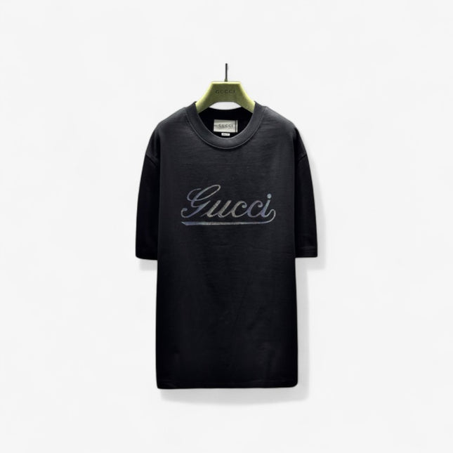 Gucci 2025ss Vintage Script Logo Design Metallic T-Shirt Black