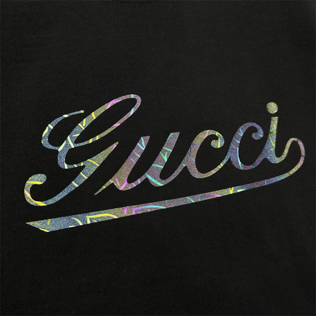 Gucci 2025ss Vintage Script Logo Design Metallic T-Shirt Black