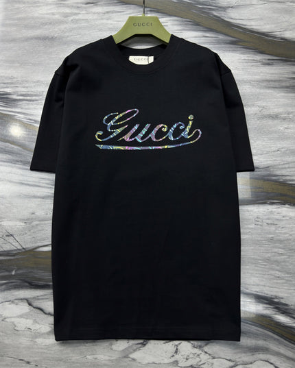 Gucci 2025ss Vintage Script Logo Design Metallic T-Shirt Black
