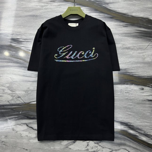 Gucci 2025ss Vintage Script Logo Design Metallic T-Shirt Black