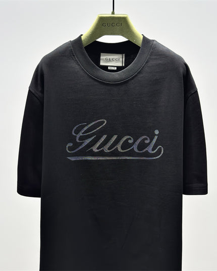 Gucci 2025ss Vintage Script Logo Design Metallic T-Shirt Black
