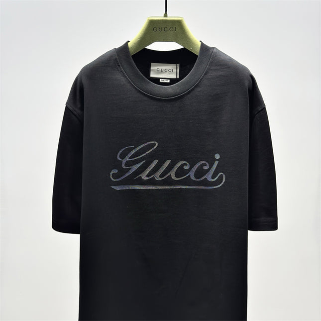 Gucci 2025ss Vintage Script Logo Design Metallic T-Shirt Black