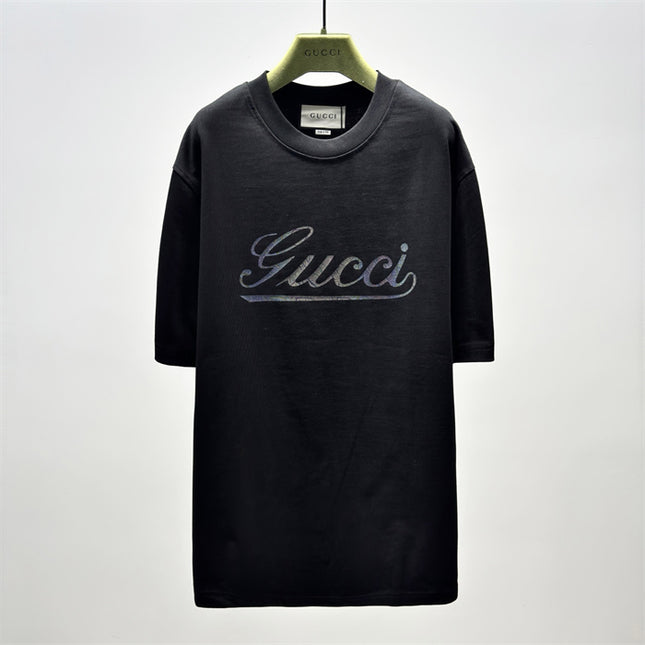 Gucci 2025ss Vintage Script Logo Design Metallic T-Shirt Black